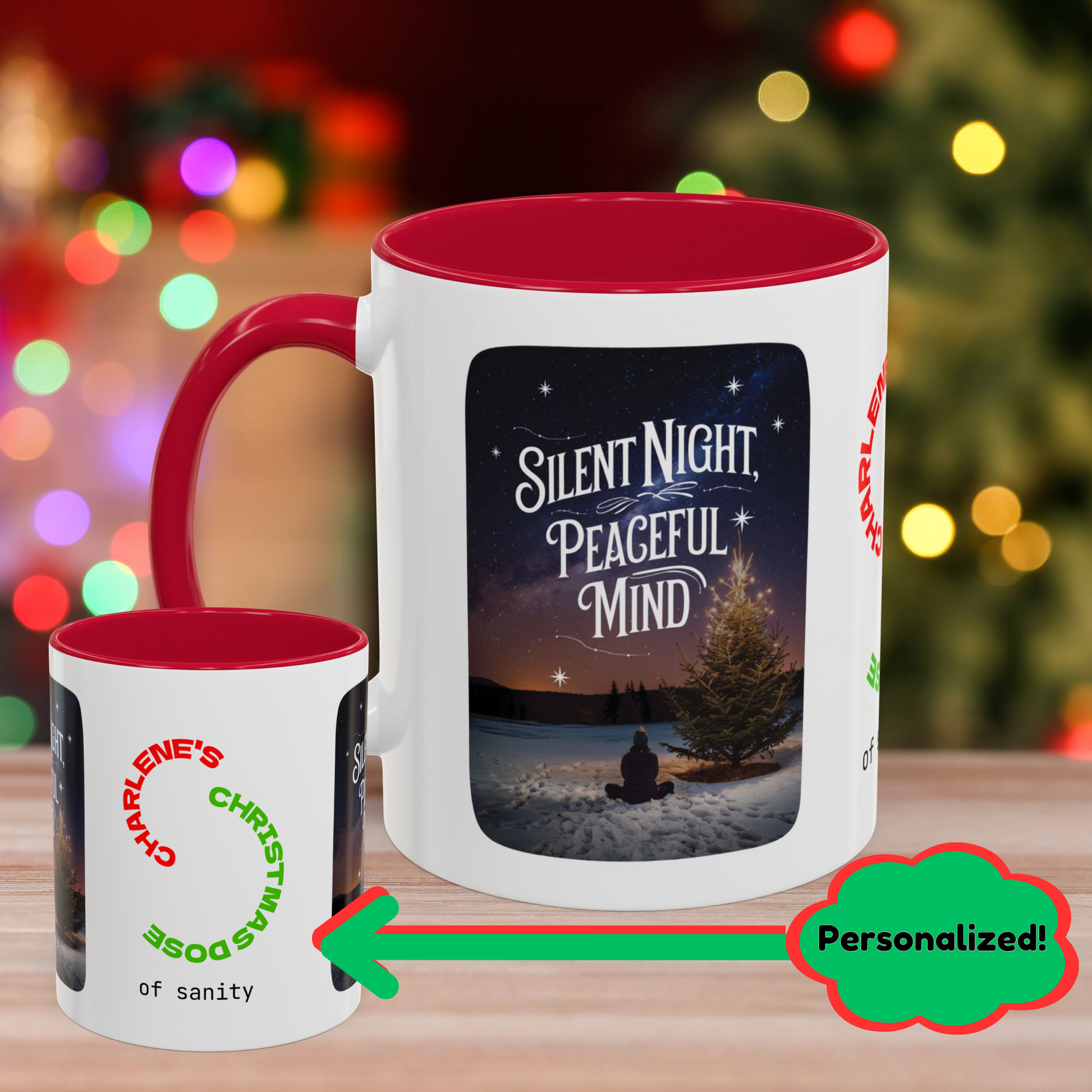 Silent Night Peaceful Mind Mug - Personalized Christmas Mug for Calm and Clarity, Mental Health Holiday Gift with Accent Color