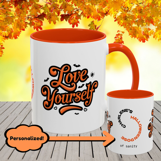 Love Yourself Halloween Mug -custom coffee cup with name & uplifting seasonal quote