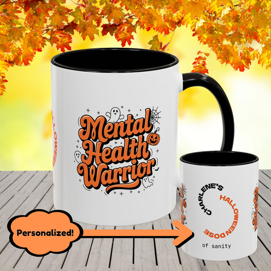 Mental Health Warrior Halloween Mug -empowering fall coffee cup with custom name