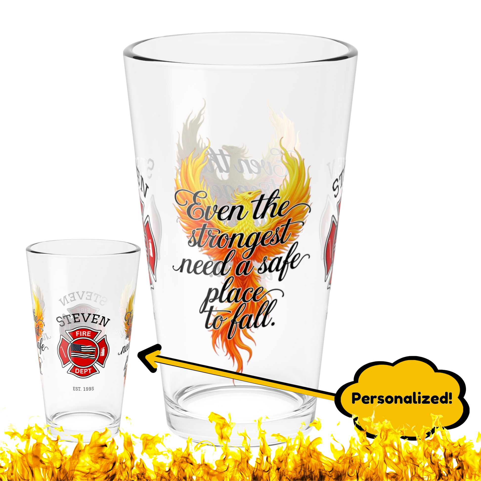 Safe Place to Fall custom pint glass - personalized firefighter gift for mental wellness and daily encouragement