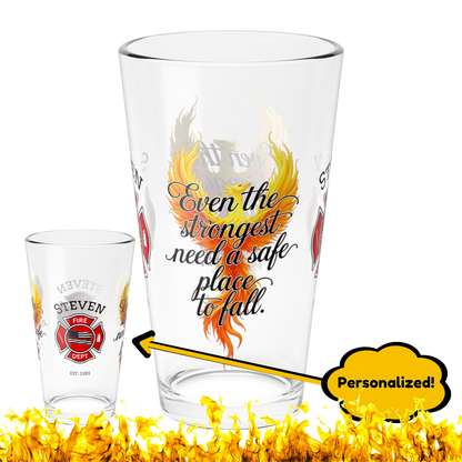 Safe Place to Fall custom pint glass - personalized firefighter gift for mental wellness and daily encouragement