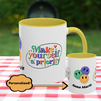 Make Yourself a Priority - Personalized Retro Self-Care Affirmation Mug for Mental Health Wellness