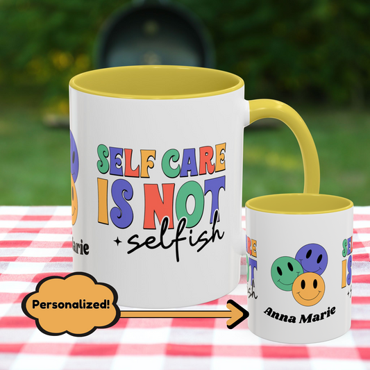 Self-Care is Not Selfish - Personalized Retro Empowering Mental Health Mug for Daily Wellness