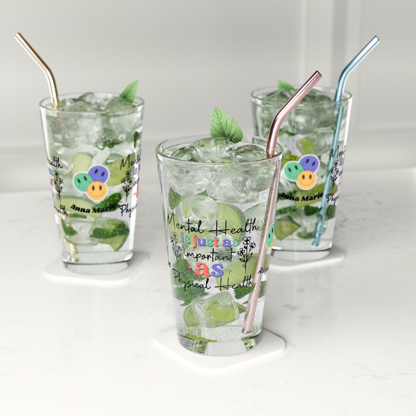Mental Health = Physical Health retro pint glass with personalized clear glass design