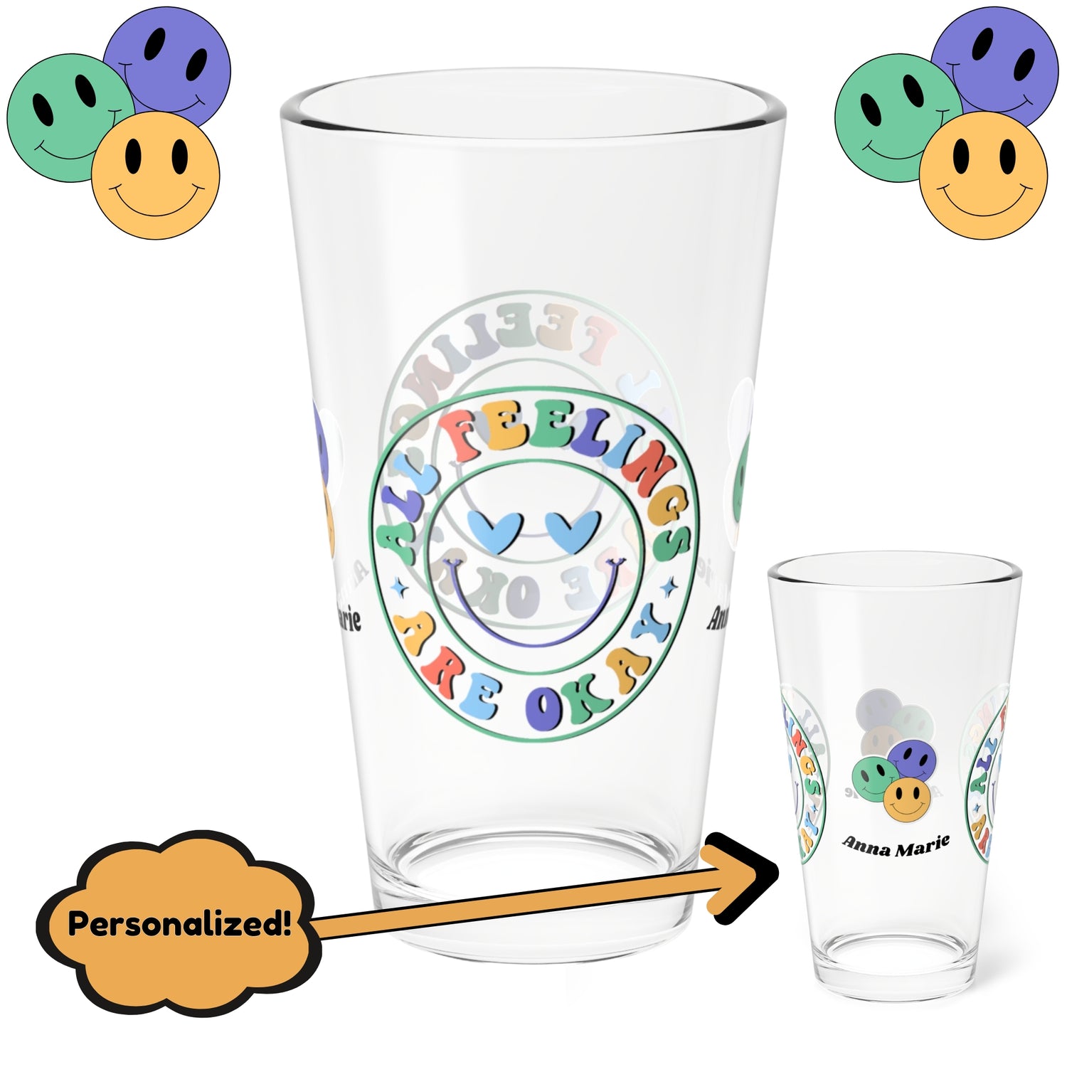 All Feelings Are Okay retro mental health pint glass with clear personalized design