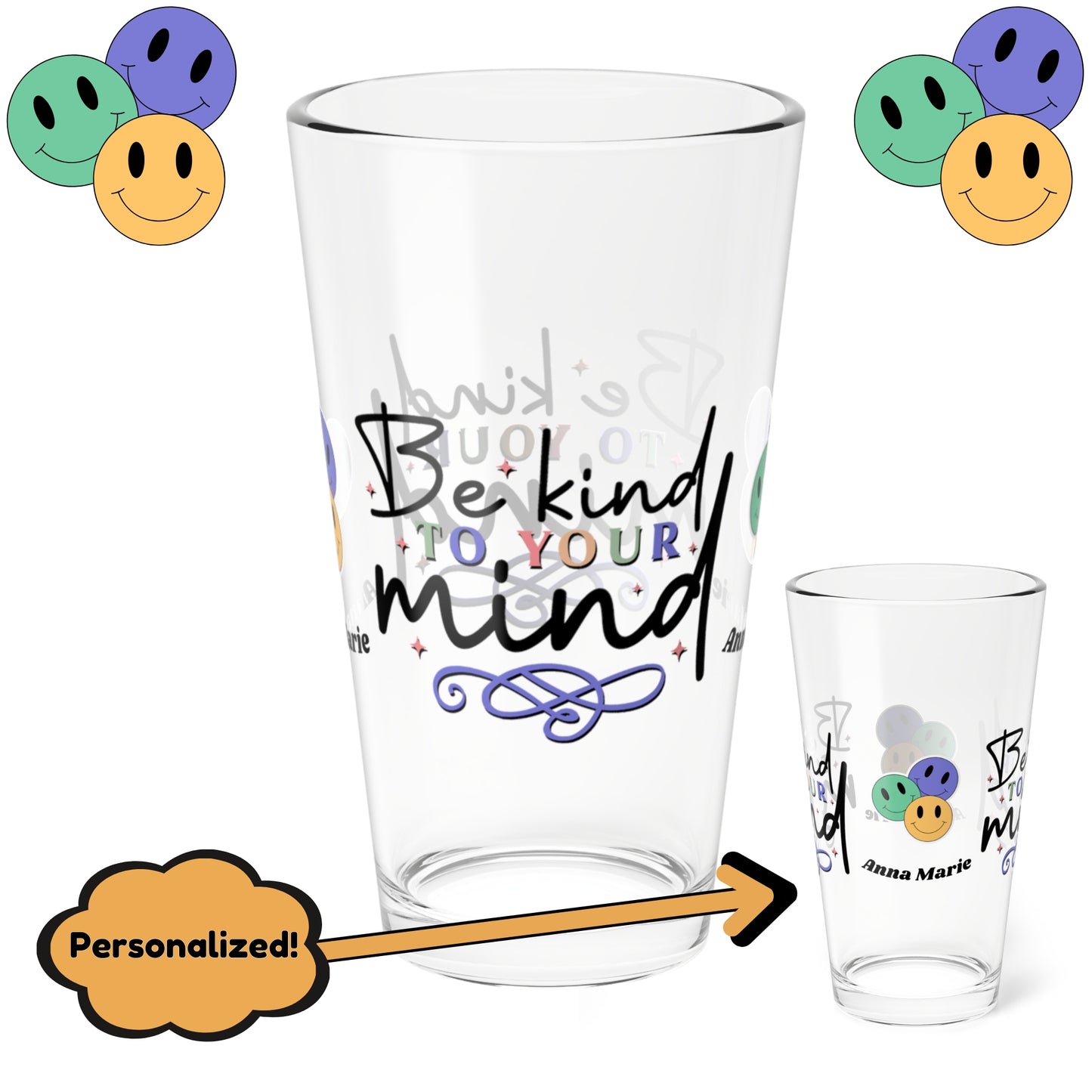 Be Kind to Your Mind retro mental health pint glass with personalized clear glass