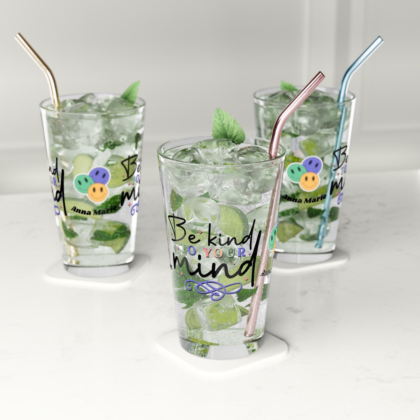 Be Kind to Your Mind retro mental health pint glass with personalized clear glass