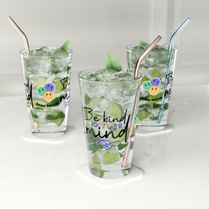 Be Kind to Your Mind retro mental health pint glass with personalized clear glass