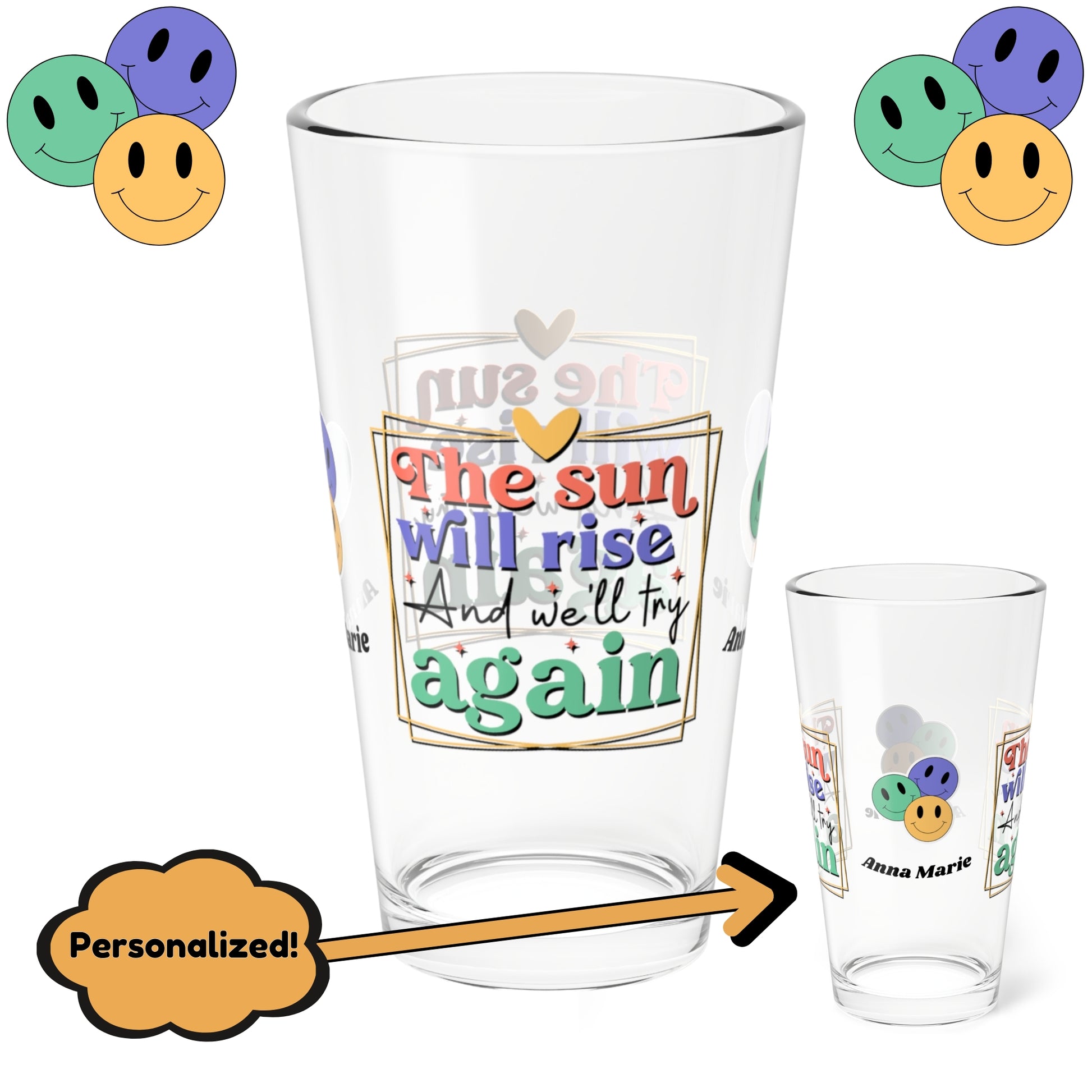 The Sun Will Rise Again retro pint glass with hopeful mental health message