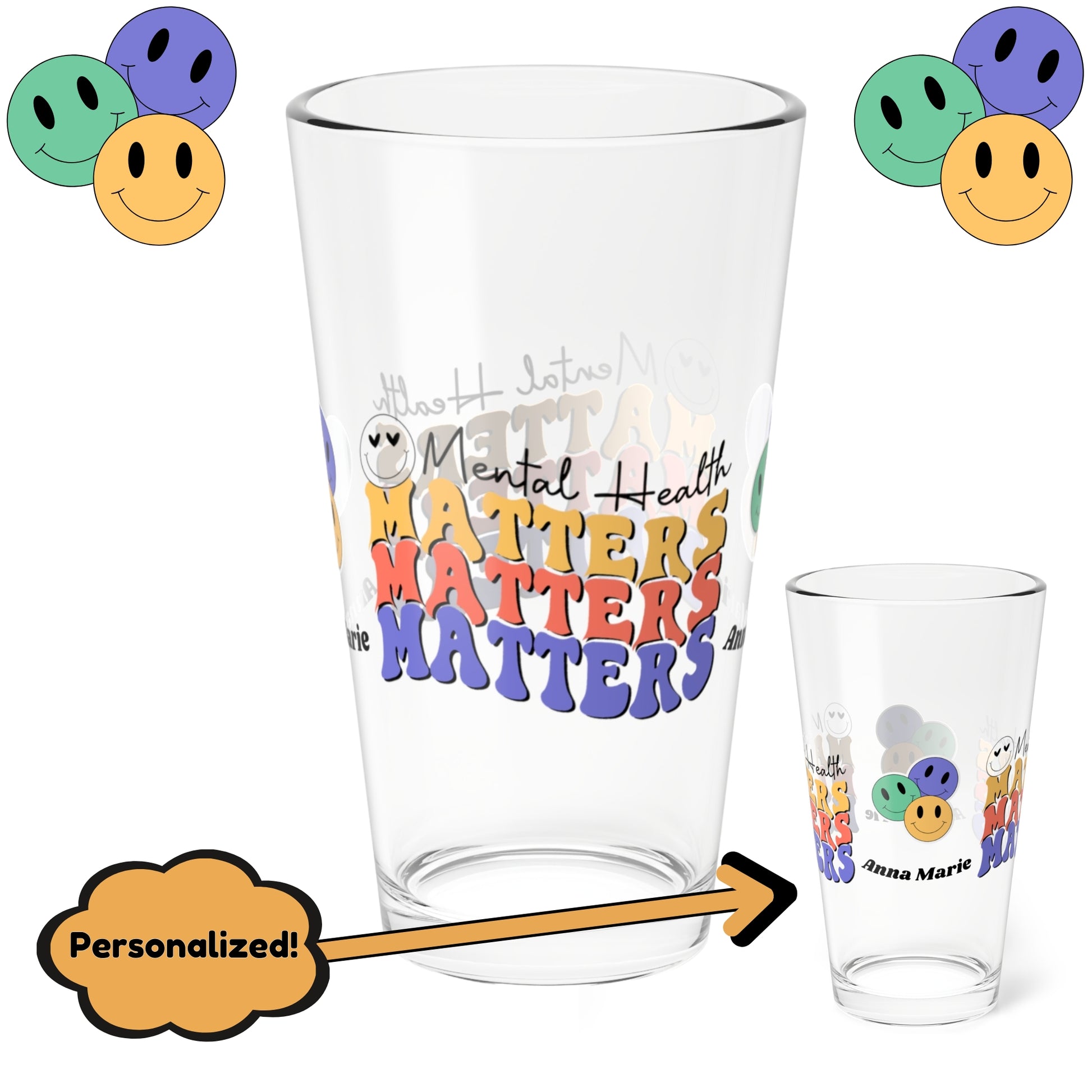 Mental Health Matters retro pint glass with clear personalized mental health quote