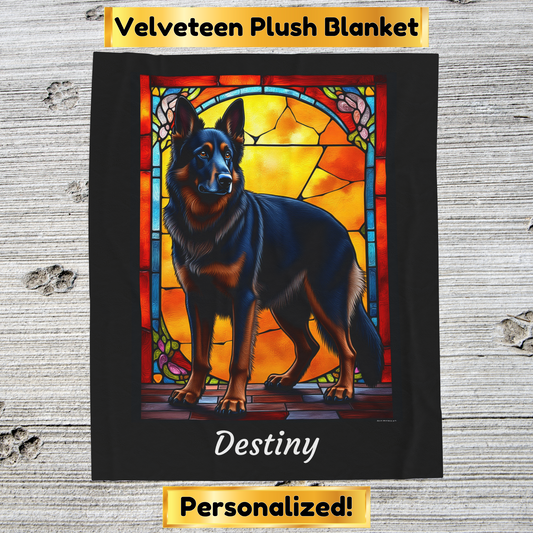 German Shepherd Black & Red - Velveteen Plush Stained Glass Dog Blanket - Personalized German Shepherd Pet Blanket, Dog Lover Throw