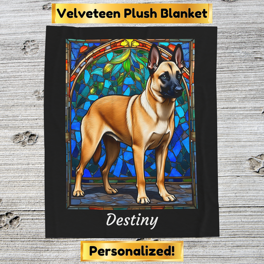 Belgian Malinois cream sable velveteen blanket, custom dog throw, personalized stained glass gift - MySisterIsASurvivor