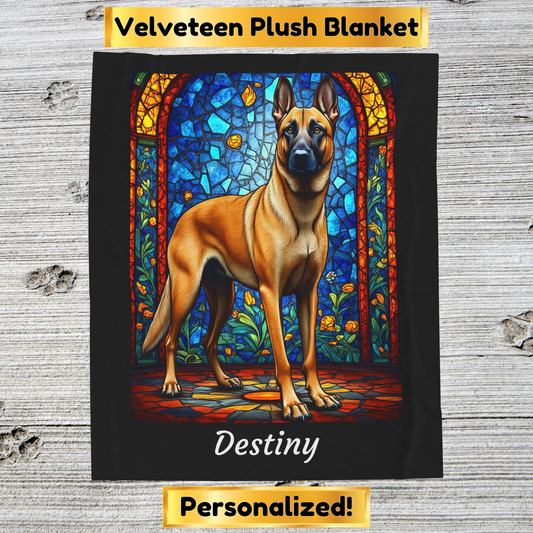 Belgian Malinois fawn velveteen blanket, dog throw with stained glass design, personalized pet gift - MySisterIsASurvivor