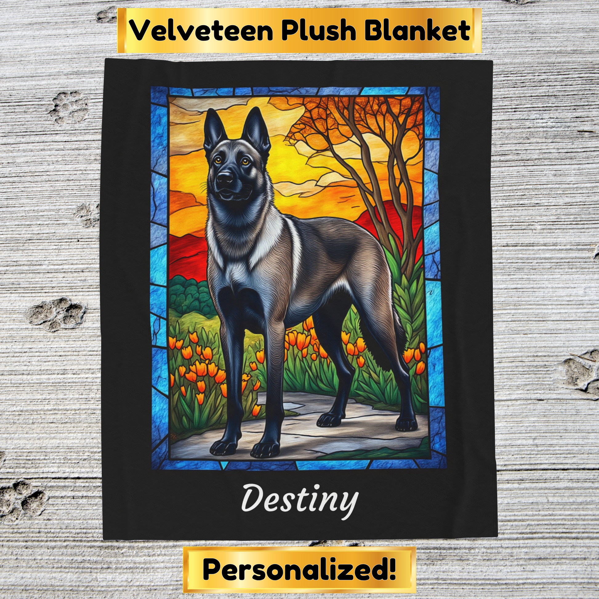 Belgian Malinois gray sable velveteen blanket, stained glass dog throw, personalized pet gift - MySisterIsASurvivor