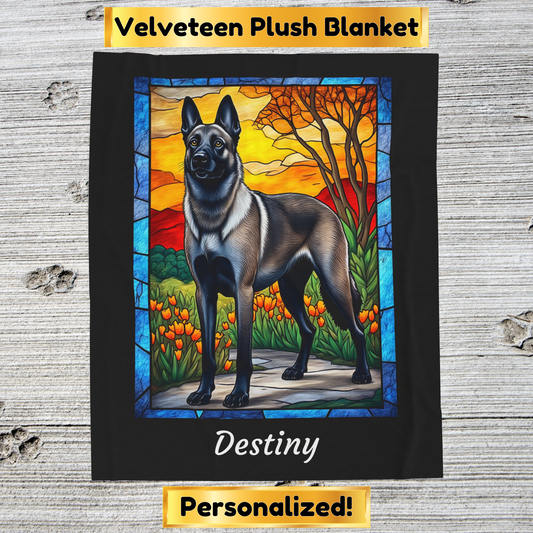 Belgian Malinois gray sable velveteen blanket, stained glass dog throw, personalized pet gift - MySisterIsASurvivor