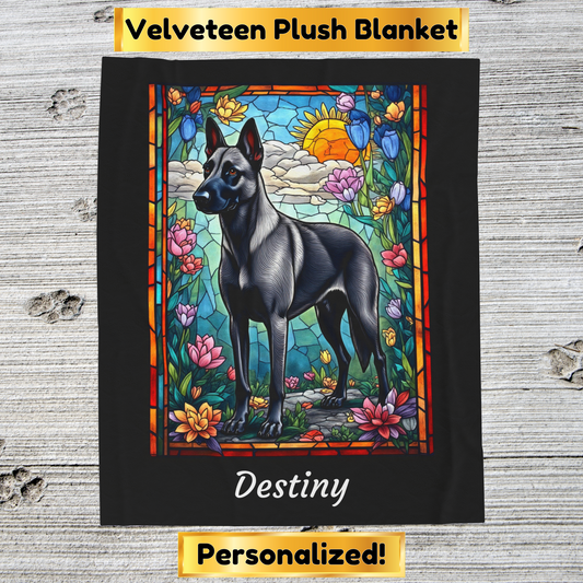 Belgian Malinois gray velveteen blanket, stained glass dog throw, personalized pet lover gift - MySisterIsASurvivor