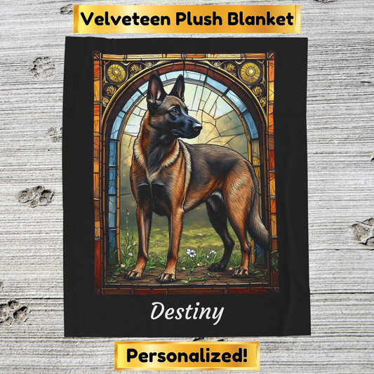 Belgian Malinois fawn sable velveteen blanket, dog throw, personalized stained glass pet gift - MySisterIsASurvivor
