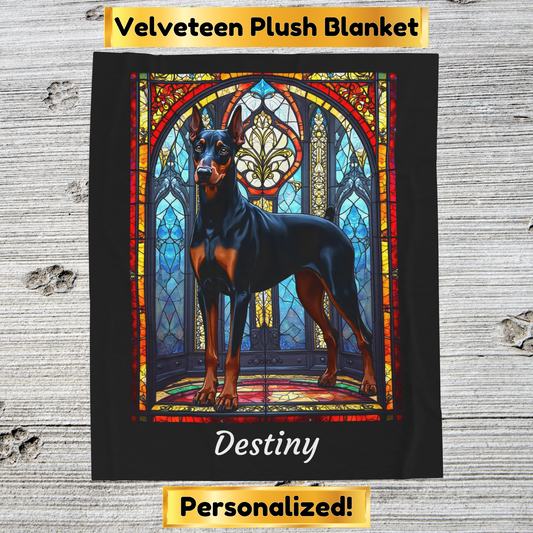 Doberman black and rust velveteen blanket, stained glass dog throw, personalized pet lover gift - MySisterIsASurvivor