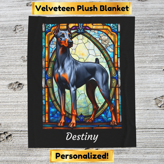 Doberman blue and rust velveteen blanket, stained glass dog throw, personalized pet lover gift - MySisterIsASurvivor