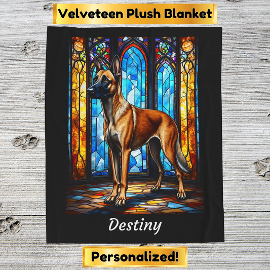 Belgian Malinois mahogany velveteen blanket, dog throw with stained glass design, personalized pet gift - MySisterIsASurvivor