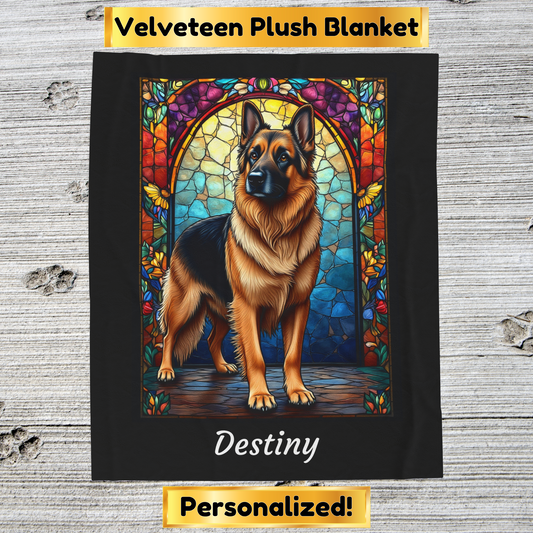German Shepherd Black & Tan - Velveteen Plush Stained Glass Dog Blanket - Personalized German Shepherd Pet Blanket, Dog Lover Gift