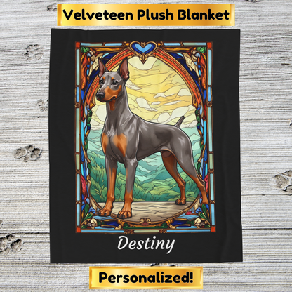Doberman fawn Isabella and rust velveteen blanket, stained glass dog throw, personalized pet gift - MySisterIsASurvivor