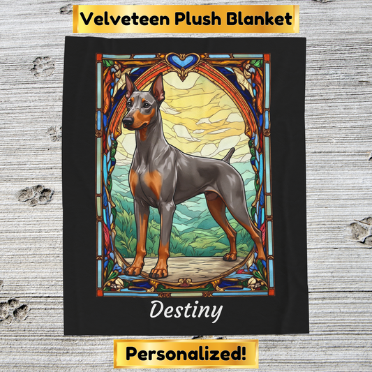 Doberman fawn Isabella and rust velveteen blanket, stained glass dog throw, personalized pet gift - MySisterIsASurvivor