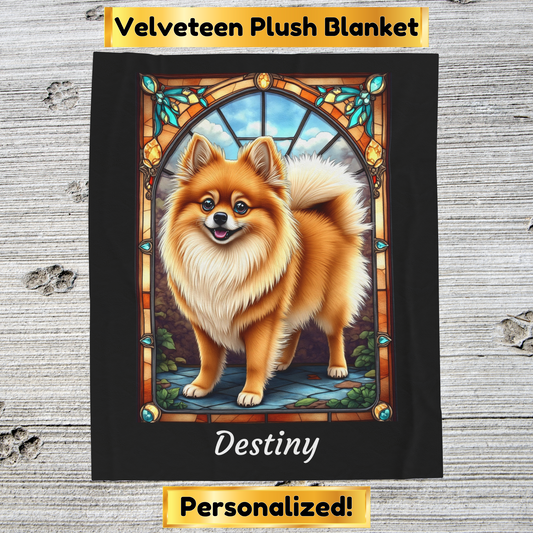 Pomeranian Orange Sable Coat Blanket, Velveteen Plush Stained Glass Dog Throw, Custom Pet Lover Gift