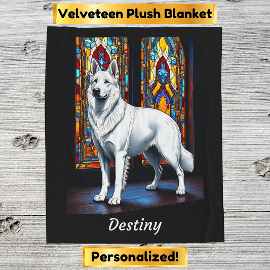 German Shepherd White Coat Velveteen Blanket, Stained Glass Dog Art Throw, Personalized Gift