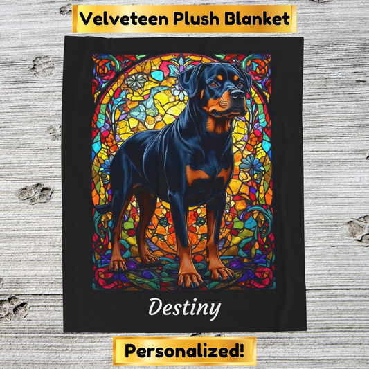 Rottweiler Black & Rust Coat Blanket, Velveteen Plush Stained Glass Dog Throw, Custom Pet Lover Gift