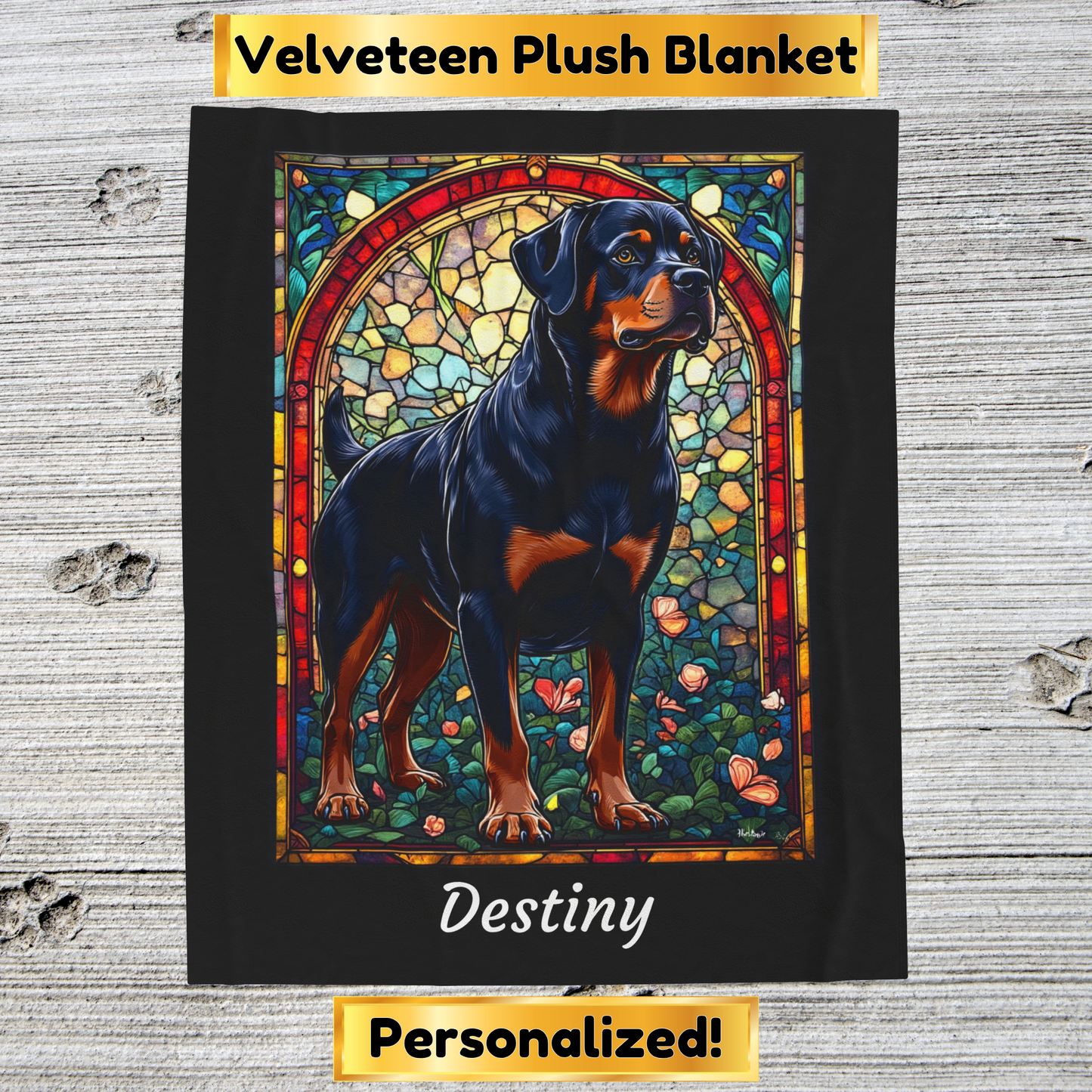 Rottweiler Black & Mahogany Coat Blanket, Velveteen Plush Stained Glass Dog Throw, Personalized Gift