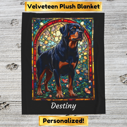 Rottweiler Black & Mahogany Coat Blanket, Velveteen Plush Stained Glass Dog Throw, Personalized Gift