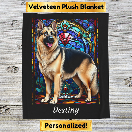 German Shepherd Black & Cream - Velveteen Plush Stained Glass Dog Blanket - Custom German Shepherd Pet Blanket, Dog Lover Gift