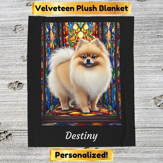 Pomeranian Cream Sable Coat Blanket, Velveteen Plush Stained Glass Dog Throw, Personalized Pet Gift