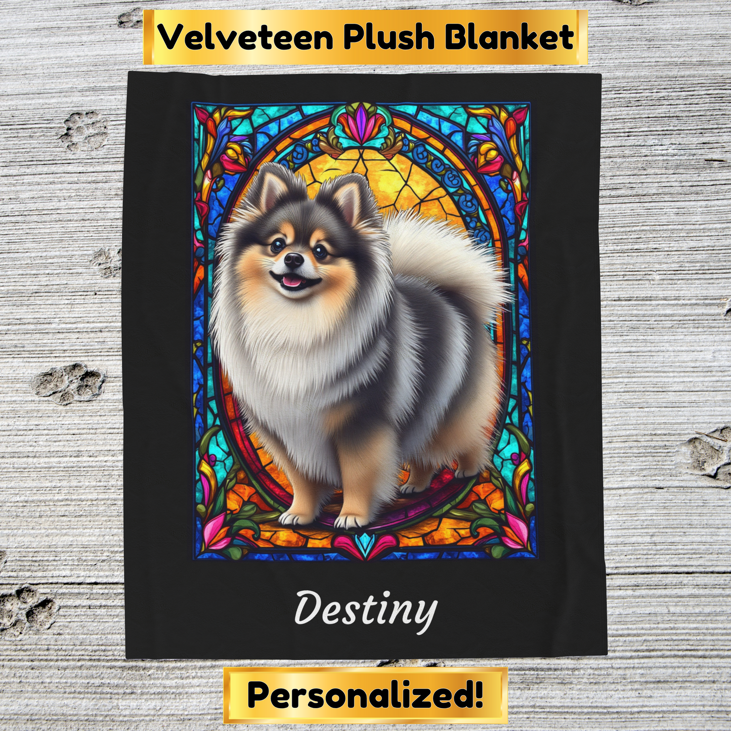 Pomeranian Wolf Sable Coat Blanket, Velveteen Plush Stained Glass Dog Throw, Unique Dog Lover Gift