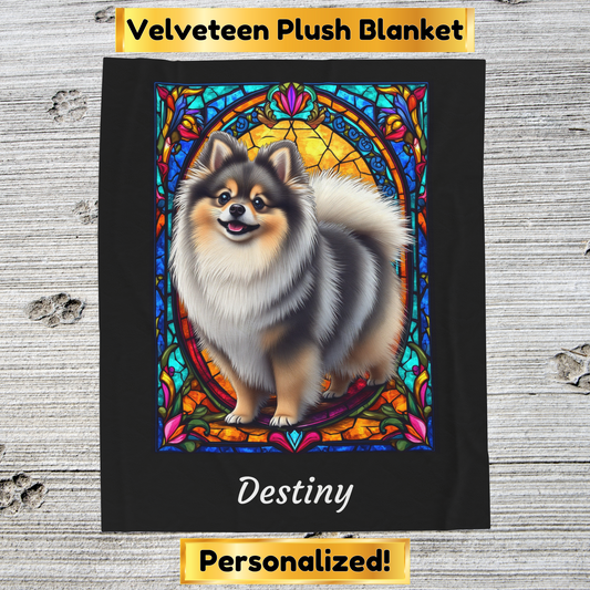 Pomeranian Wolf Sable Coat Blanket, Velveteen Plush Stained Glass Dog Throw, Unique Dog Lover Gift