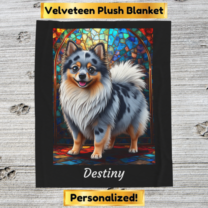 Pomeranian Blue Merle Coat Blanket, Velveteen Plush Stained Glass Dog Throw, Unique Pet Lover Gift
