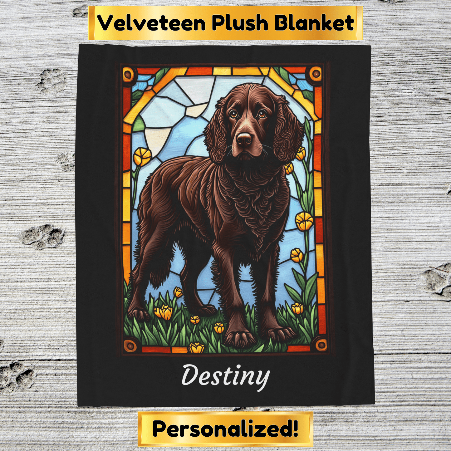American Water Spaniel velveteen blanket, custom dog throw, personalized stained glass pet gift - MySisterIsASurvivor