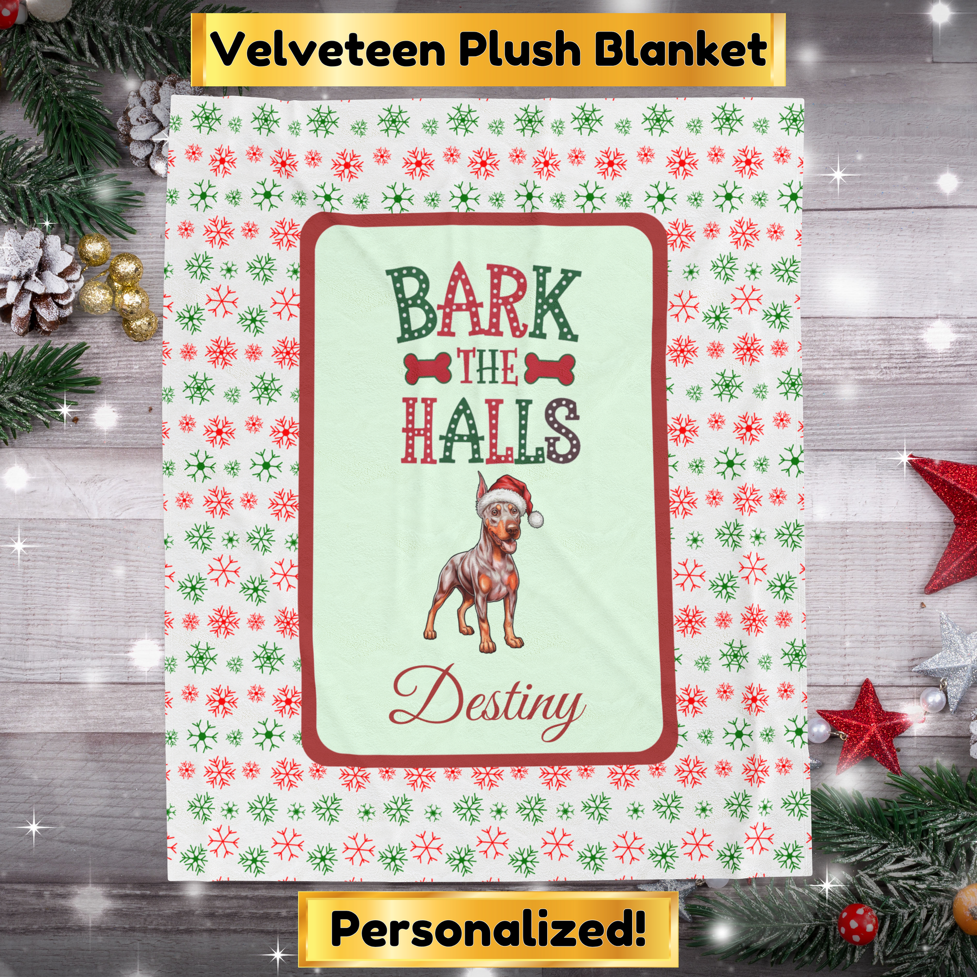 Doberman Pinscher Fawn Isabella and Rust velveteen holiday dog blanket Bark The Halls cozy Christmas throw
