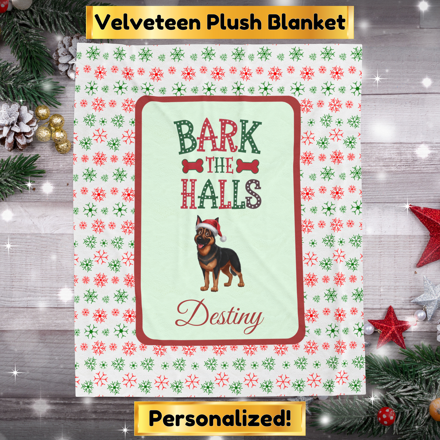 German Shepherd (Black & Rust) Personalized Velveteen Plush Blanket - "Bark The Halls" | Cozy Holiday Gift for Dog Lovers