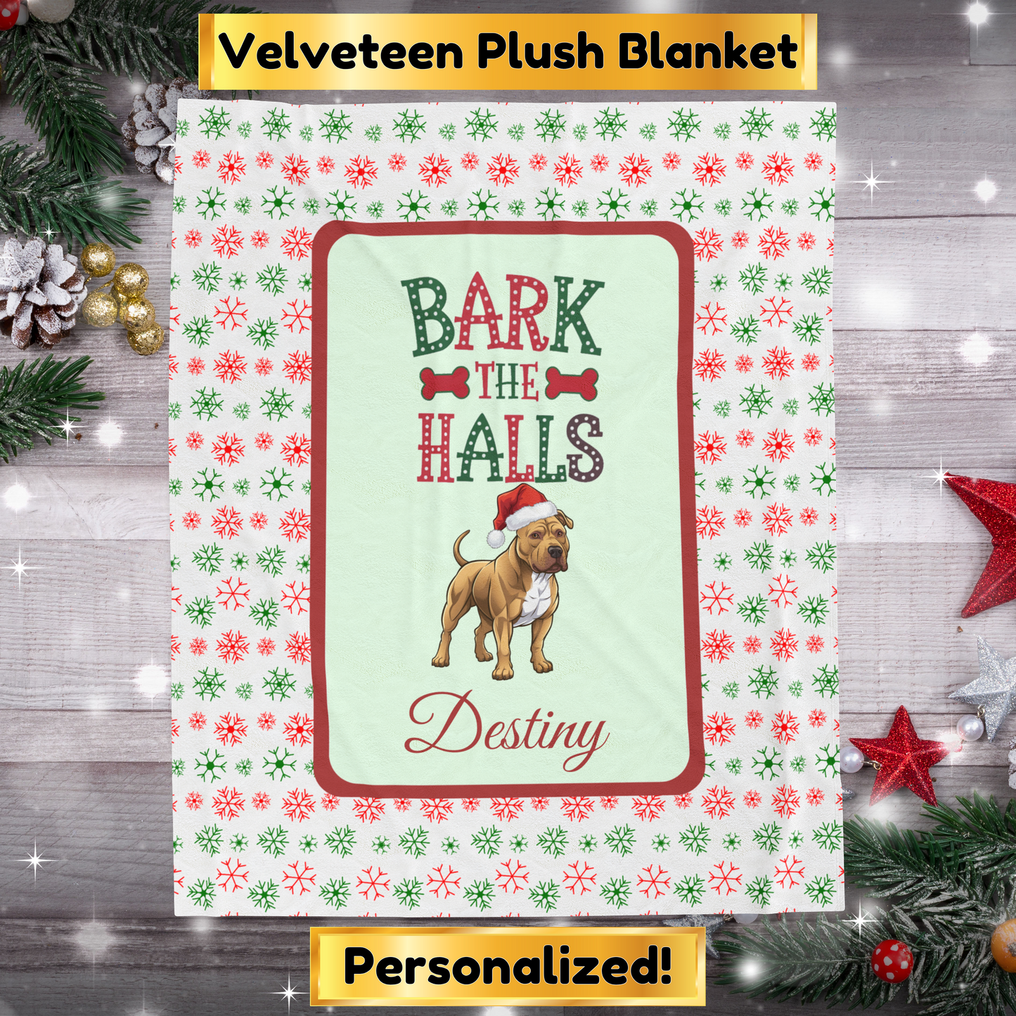 Pitbull (Buckskin) Personalized Velveteen Plush Blanket - "Bark The Halls" | Cozy Holiday Gift for Dog Lovers