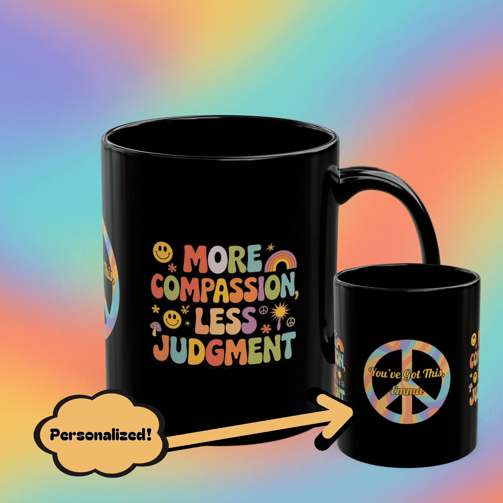 More Compassion, Less Judgment custom 70s mug, retro self-care & affirmations gift - MySisterIsASurvivor