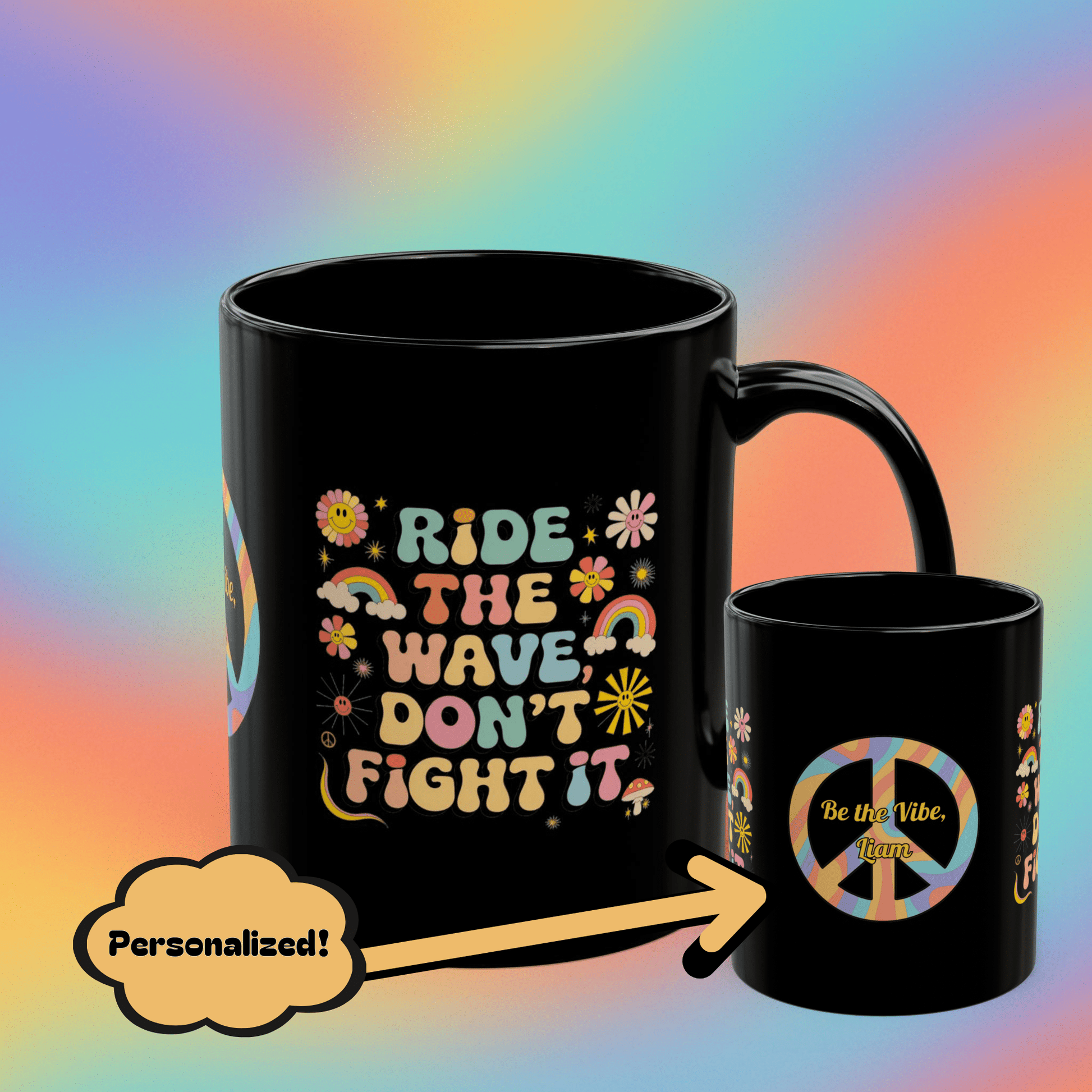 Ride the Wave Don’t Fight It retro mug, 70s mental wellness coffee cup and affirmation gift - MySisterIsASurvivor