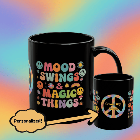 Mood Swings & Magic Things personalized retro 70s mug, groovy mental health coffee cup - MySisterIsASurvivor
