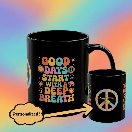 Good Days Start with a Deep Breath retro 70s mental health coffee mug - MySisterIsASurvivor