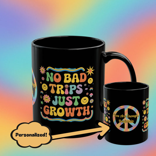 No Bad Trips - Just Growth personalized retro 70s mug, groovy self-care coffee cup - MySisterIsASurvivor