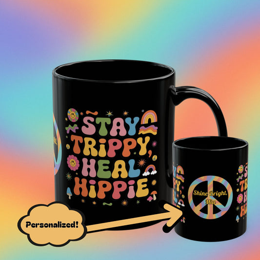 Stay Trippy Heal Hippie retro 70s mug, groovy self-care mental wellness gift - MySisterIsASurvivor