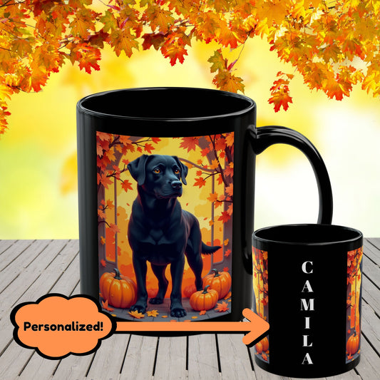 Black Labrador autumn mug, personalized coffee cup for lab dog lovers and cozy fall gift - MySisterIsASurvivor