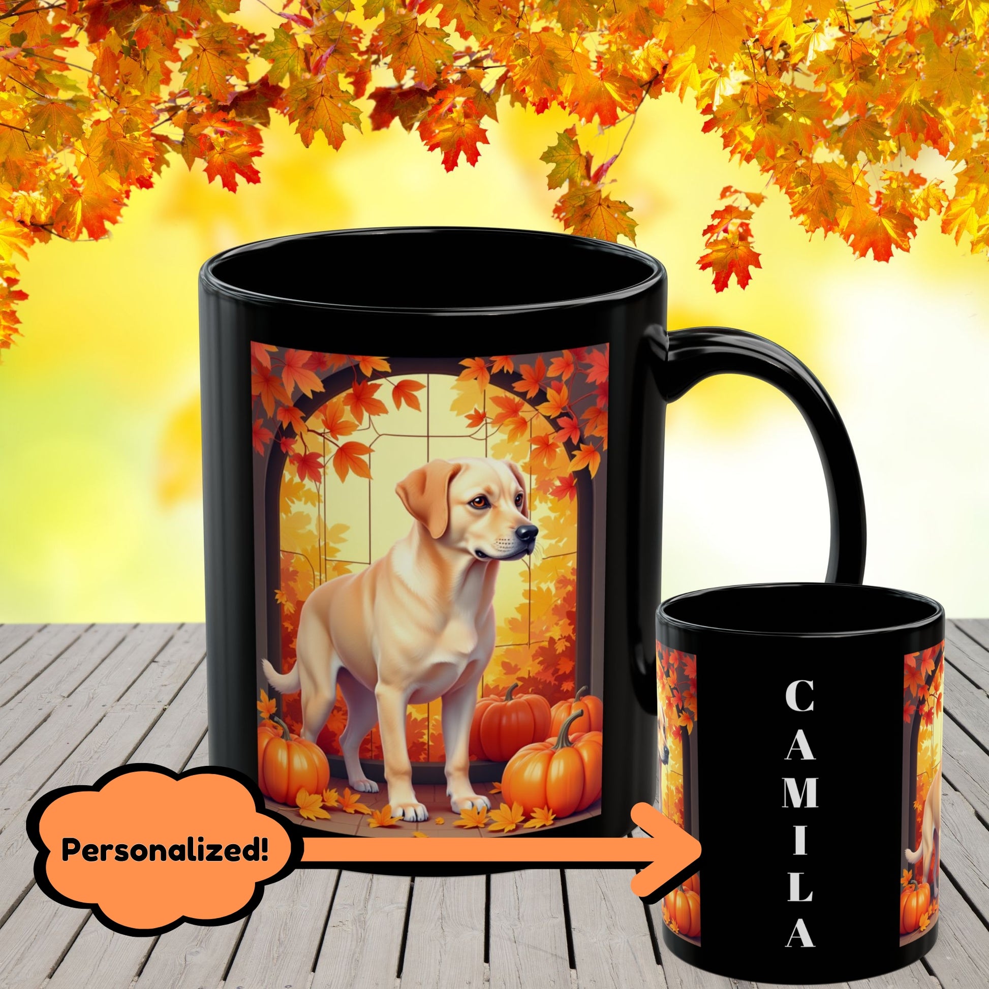 Yellow Labrador autumn mug, custom personalized coffee cup, cozy fall dog lover gift - MySisterIsASurvivor