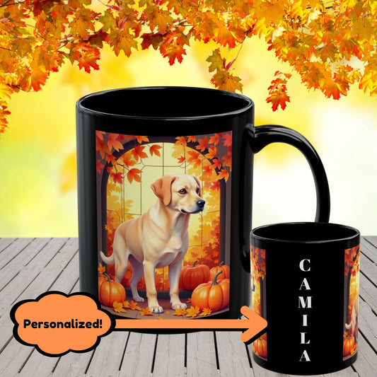 Yellow Labrador autumn mug, custom personalized coffee cup, cozy fall dog lover gift - MySisterIsASurvivor